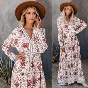 Lucca NWT Floral Embroidered Lace Maxi Dress Size S Brown Babydoll Empire Waist